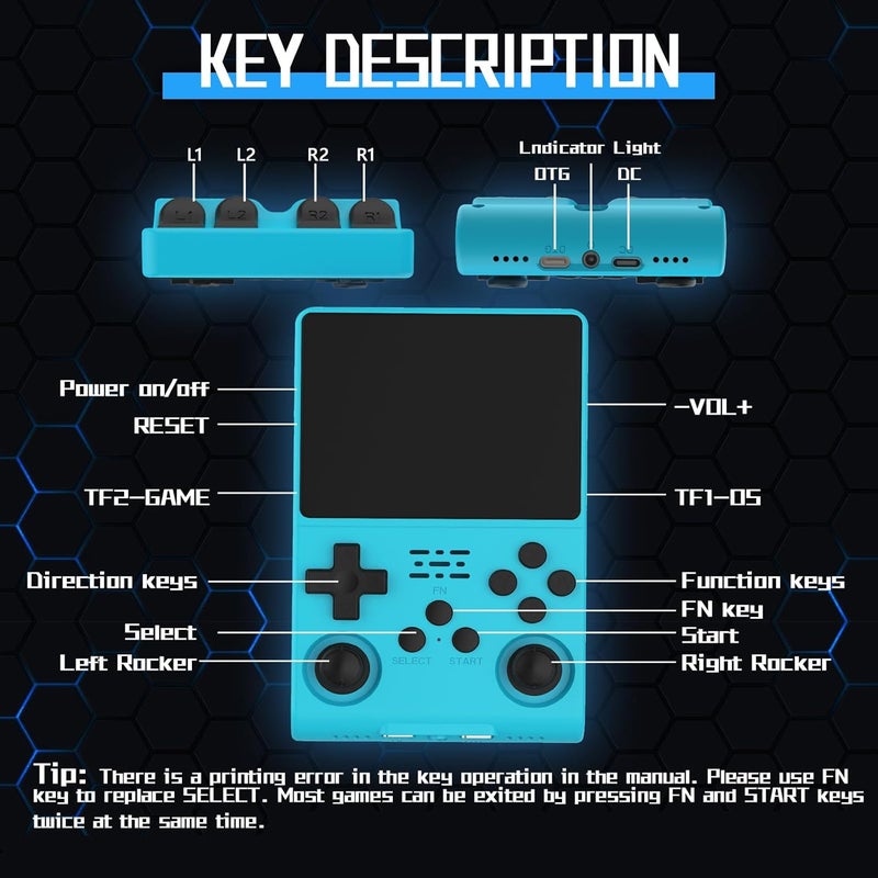 FVBADE [30000 in 1] R40S PRO Handheld Game Console 3.5 inch IPS Screen Mini Retro Console 3800mAh Portable Pocket Arcade 45+ Mainstream Emulator 256G TF Card Transparent.(Blue) - Image 4